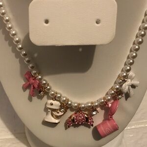 Betsey Johnson Gold Tone & Faux Pearl Bake Shop Charm Necklace Crystal